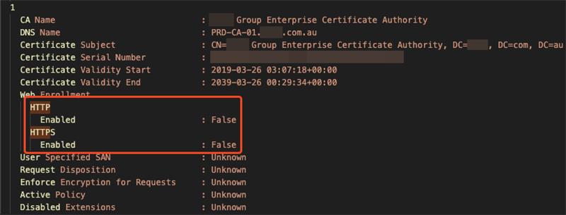 Certipy states that ESC8 is not present, with no Web Enrollment endpoint present over HTTP/HTTPS